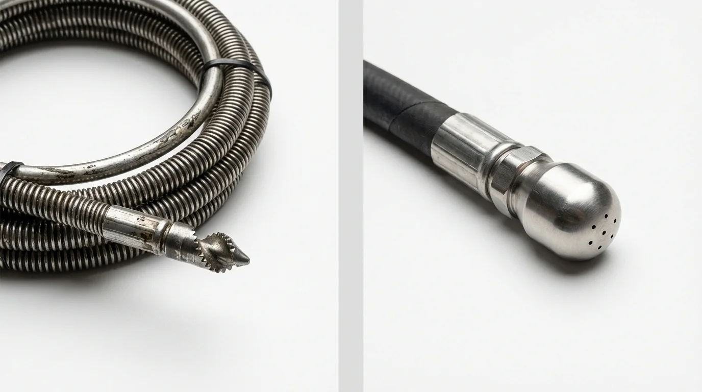 Drain snake cable and hydro jetting nozzle used for drain cleaning in Rockwell City, IA