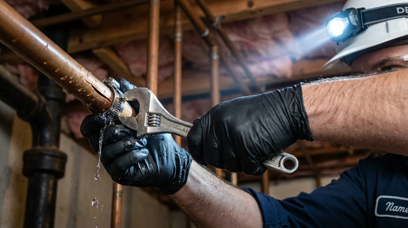 Emergency pipe clamp repair being performed by a Johns Plumbing LLC plumber in Rockwell City