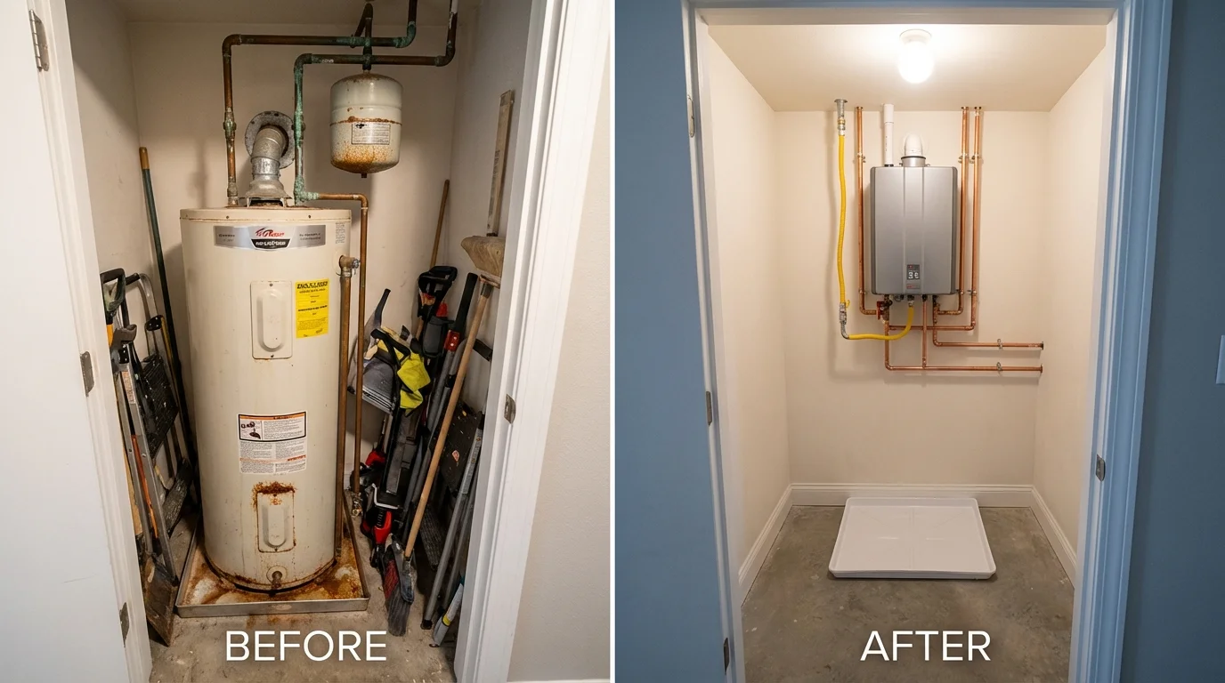 Tank water heater versus wall-mounted tankless unit comparison for Rockwell City, IA homeowners