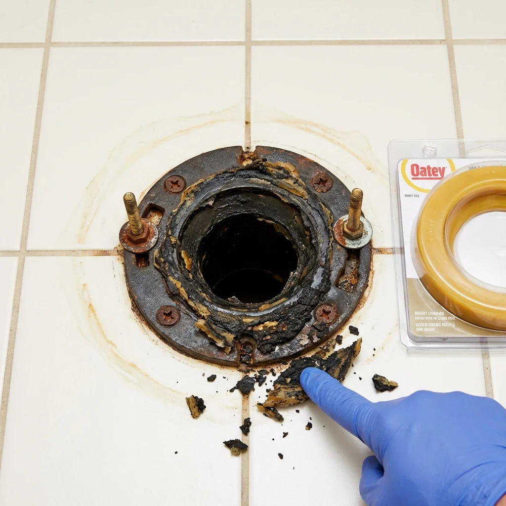 Failed wax ring showing water seepage at the base of a toilet in a Rockwell City, IA home