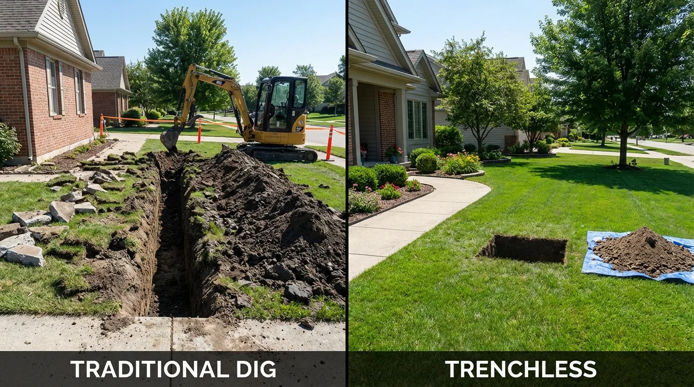 Trenchless sewer repair with minimal yard damage versus traditional excavation in Rockwell City, IA