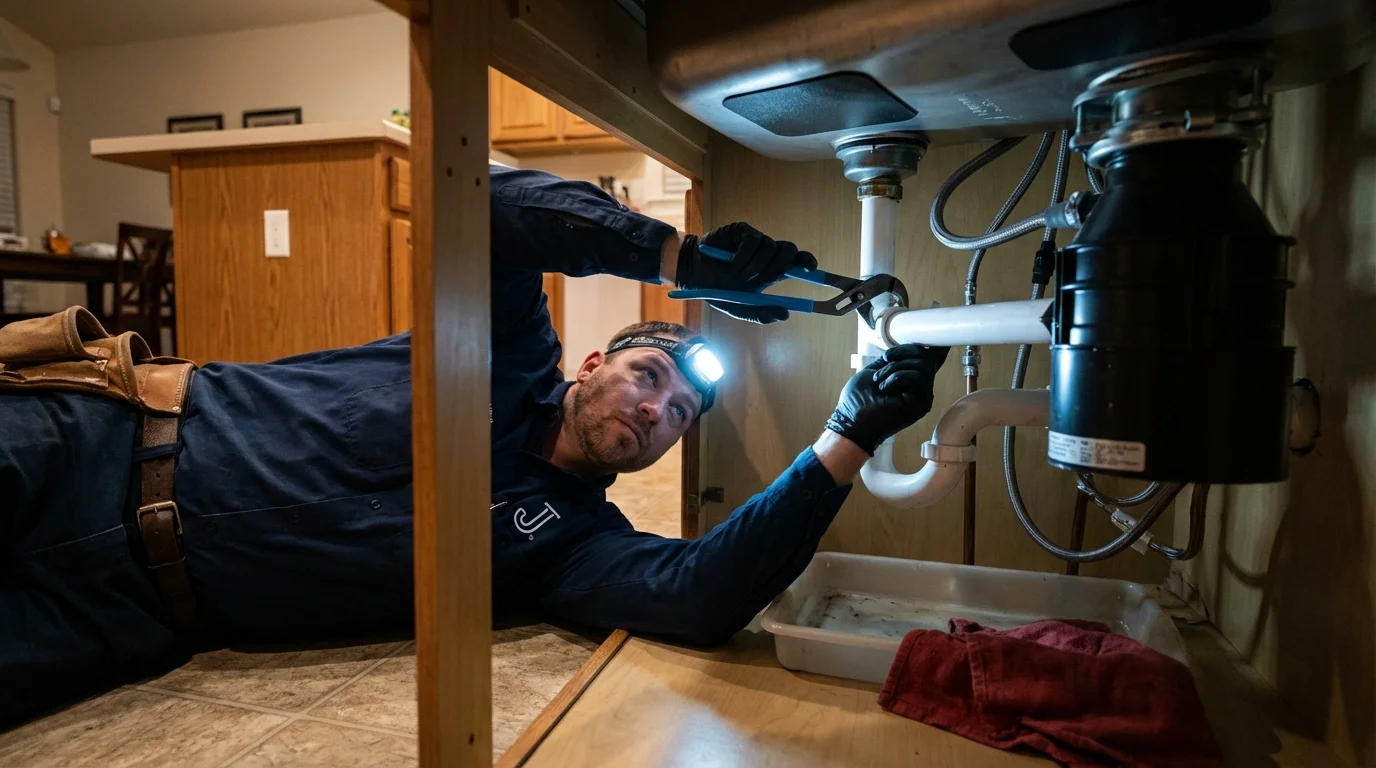 P-trap and supply line connections under a kitchen sink showing a common leak point in Rockwell City, IA